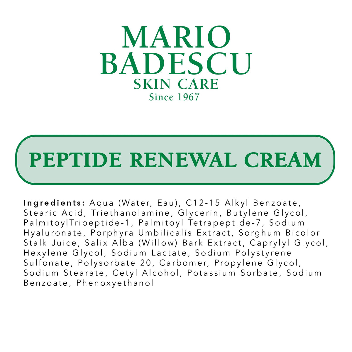 Mario Badescu Peptide Renewal Cream branding and clean packaging for daily use