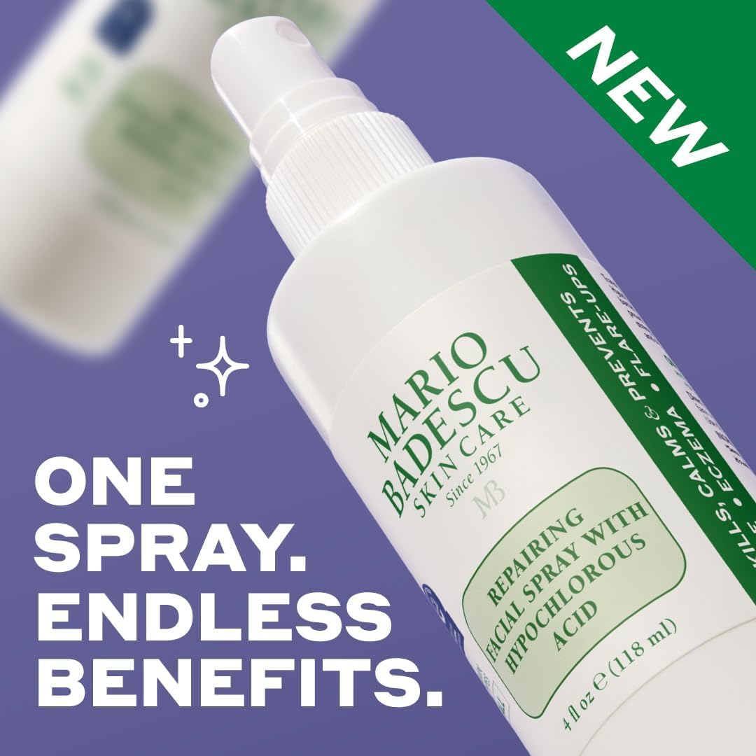 Close-up label on Mario Badescu HOCl spray highlighting pH-balanced, gentle formula
