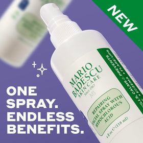 Close-up label on Mario Badescu HOCl spray highlighting pH-balanced, gentle formula