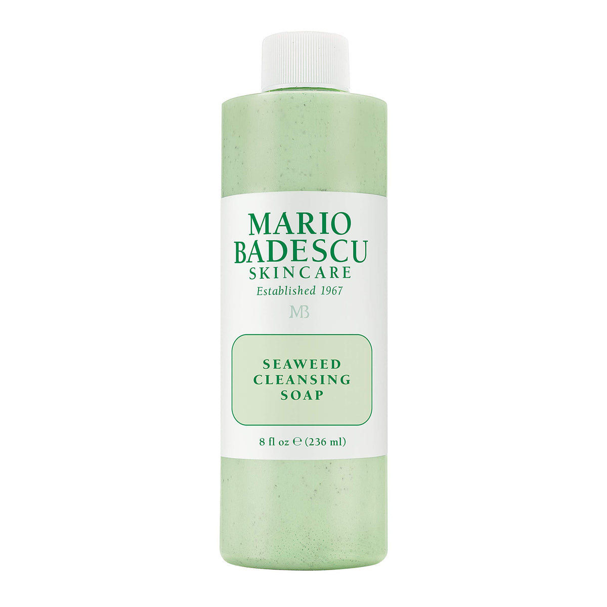 Mario Badescu Seaweed Cleansing Soap bottle with creamy texture for gentle exfoliation.
