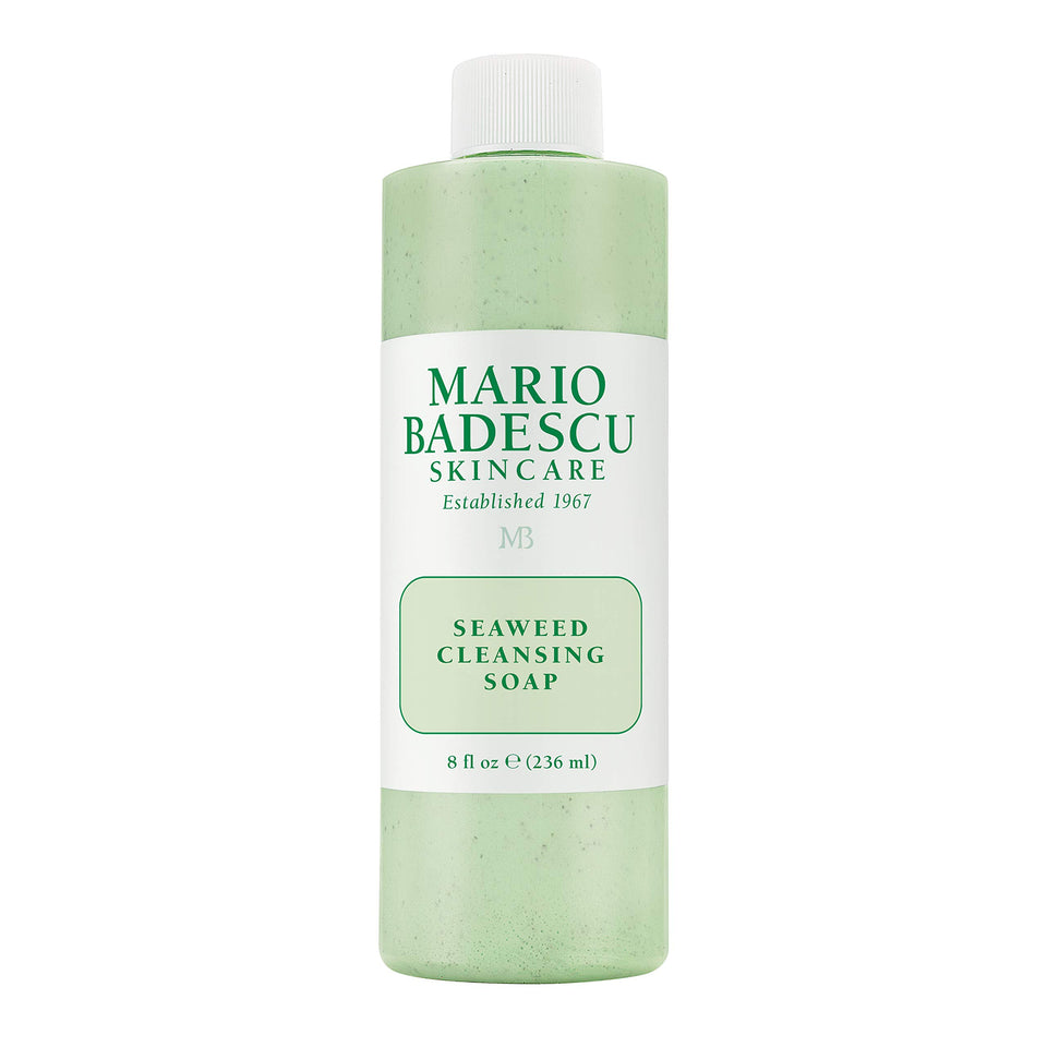 Mario Badescu Seaweed Cleansing Soap bottle with creamy texture for gentle exfoliation.