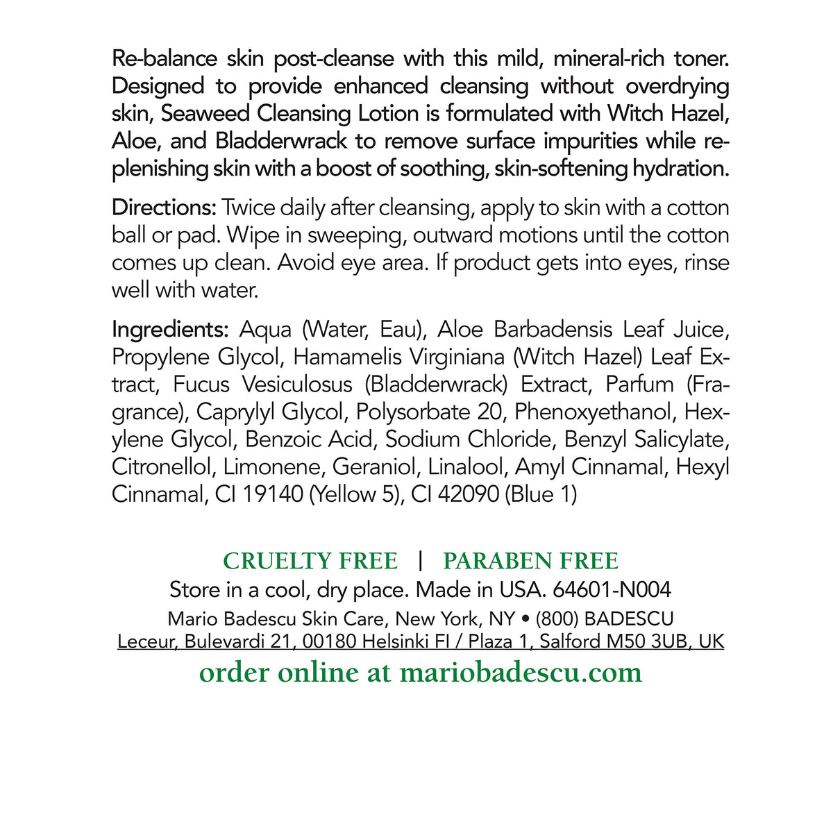 Mario Badescu Seaweed Cleasing Lotion bottle cap close-up showing alcohol-free formula