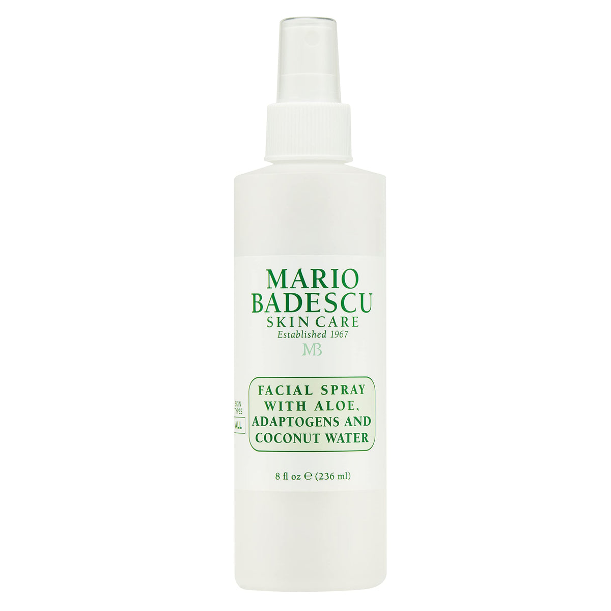Mario Badescu setting spray bottle highlights aloe and coconut water hydration