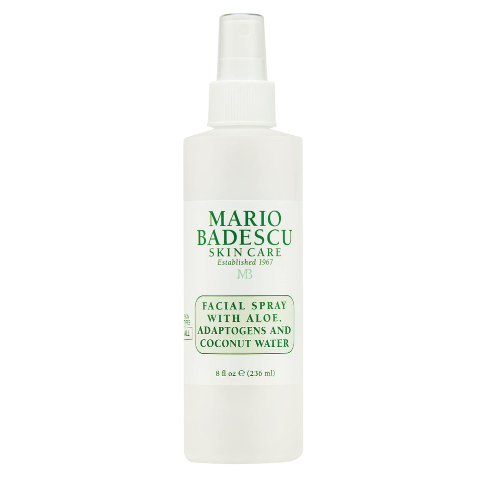 Mario Badescu setting spray bottle highlights aloe and coconut water hydration