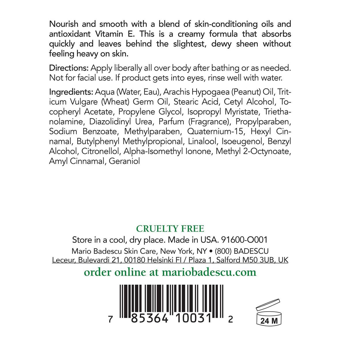 Mario Badescu Vitamin E Body Lotion label highlights antioxidant ingredients for daily care