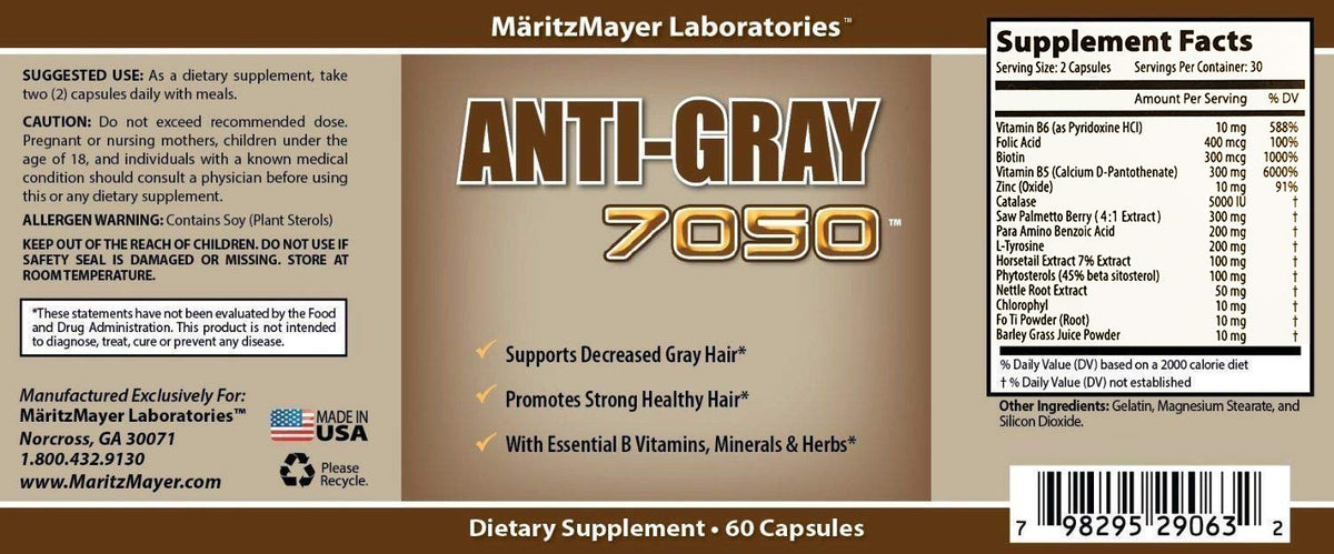 Maritzmayer Laboratories Anti Gray Hair 7050 capsules closeup highlights nutrient-rich capsules.