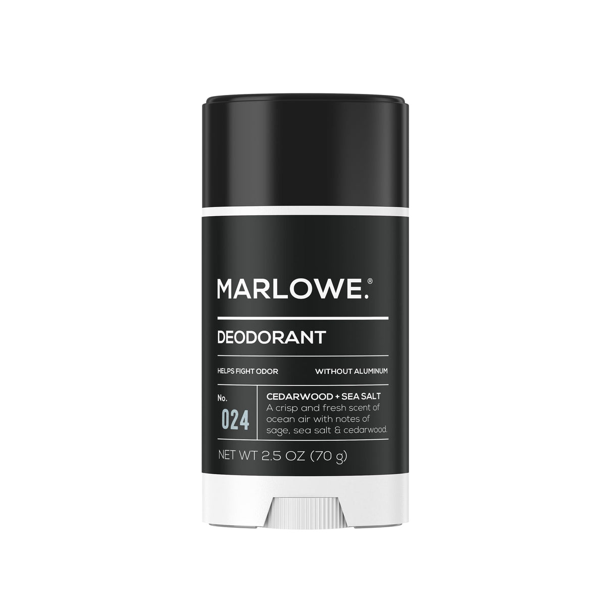 MARLOWE aluminum-free deodorant stick cedarwood and sea salt for all-day freshness.