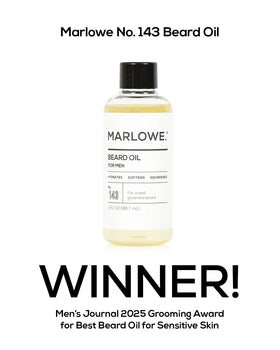 Fragrance-free MARLOWE beard oil label for sensitive skin and clean routine.