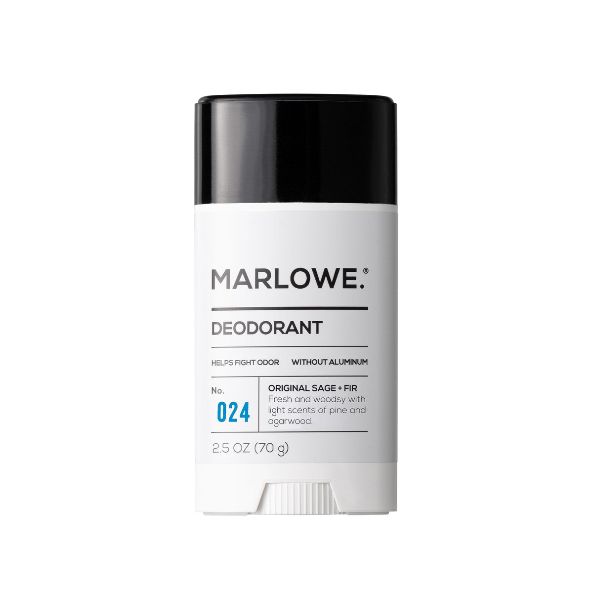 Marlowe deodorant stick packaging shows vegan formula for daily freshness.