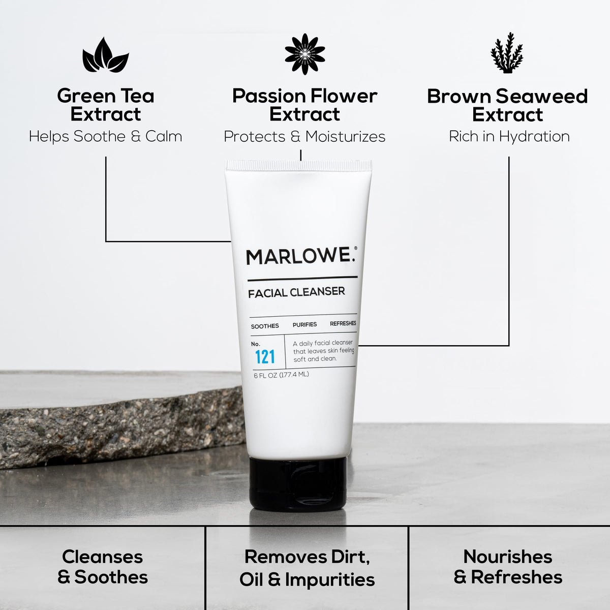 Lifestyle shot of Marlowe skincare routine on bathroom shelf
