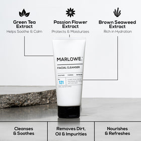 Lifestyle shot of Marlowe skincare routine on bathroom shelf