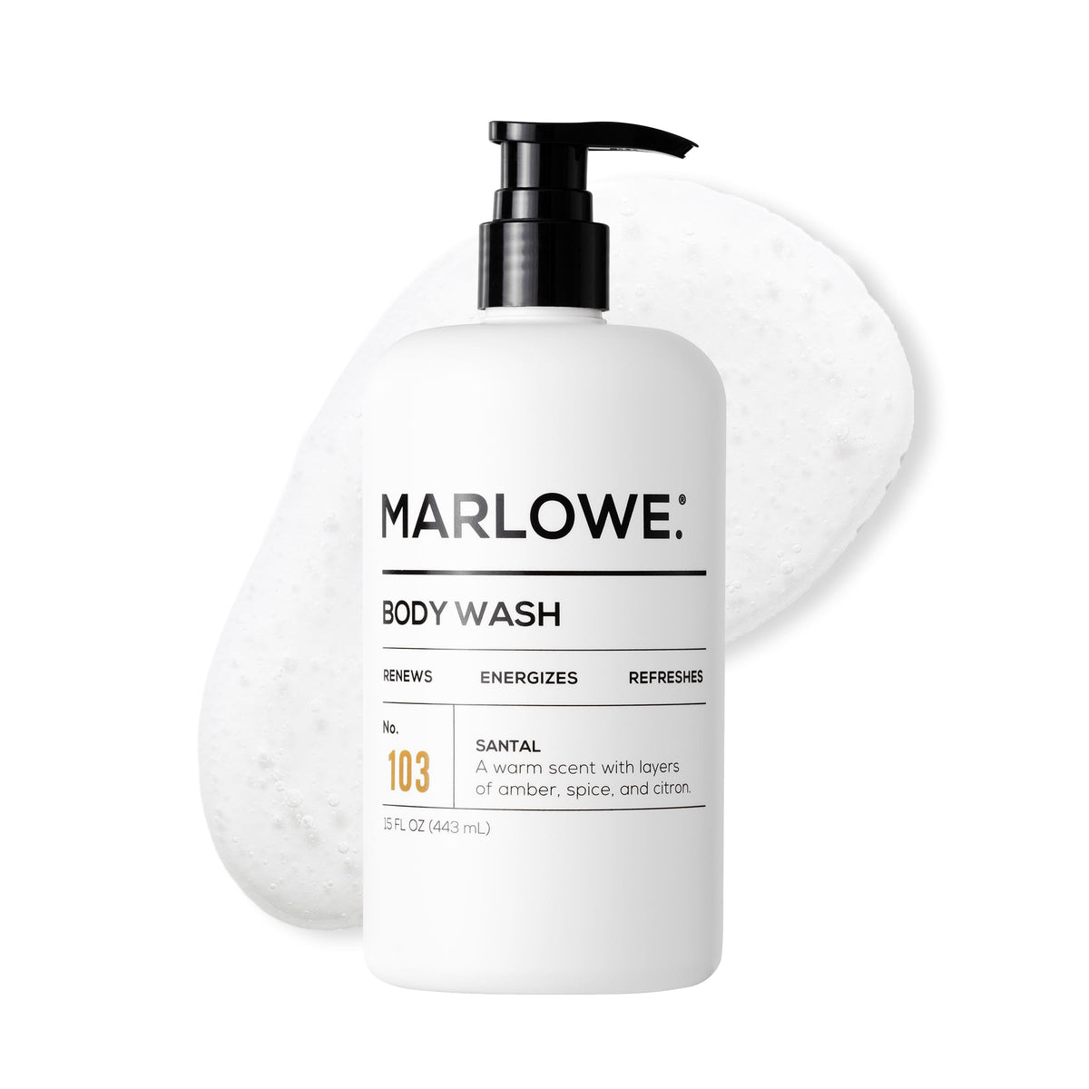 MARLOWE. Men’s Body Wash bottle shows premium cleanser for daily refreshment and energized skin.