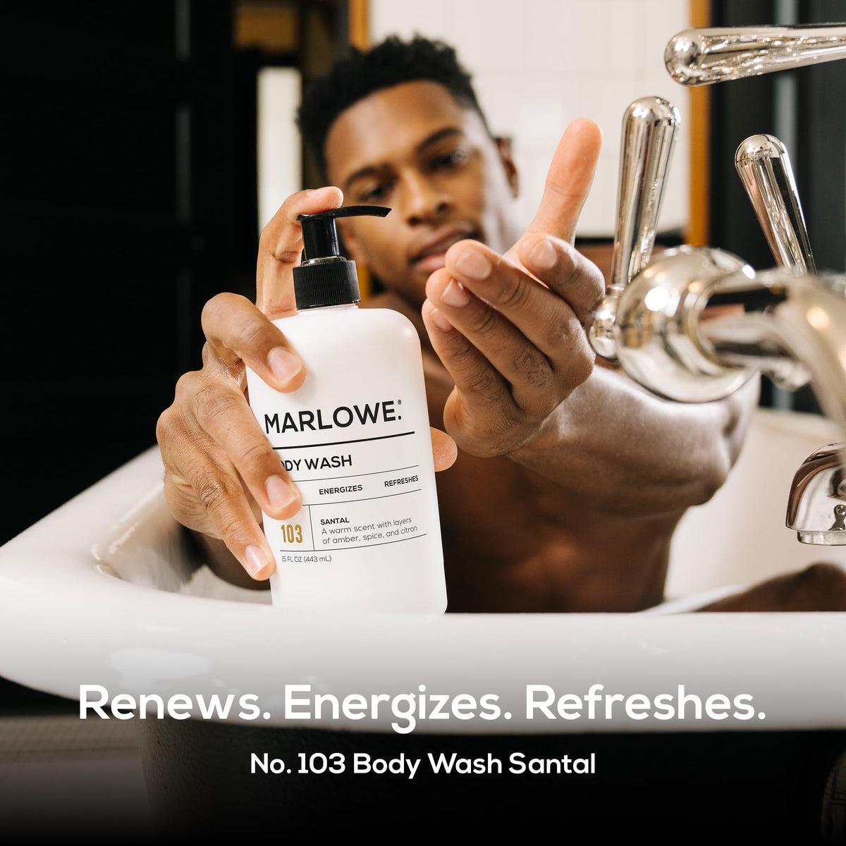 MARLOWE. Men’s Body Wash citron hint brightens the fragrance profile.