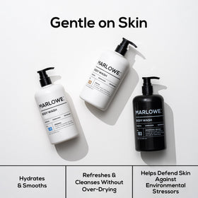 MARLOWE. Men’s Body Wash bottle top hints warm amber scent for confidence.