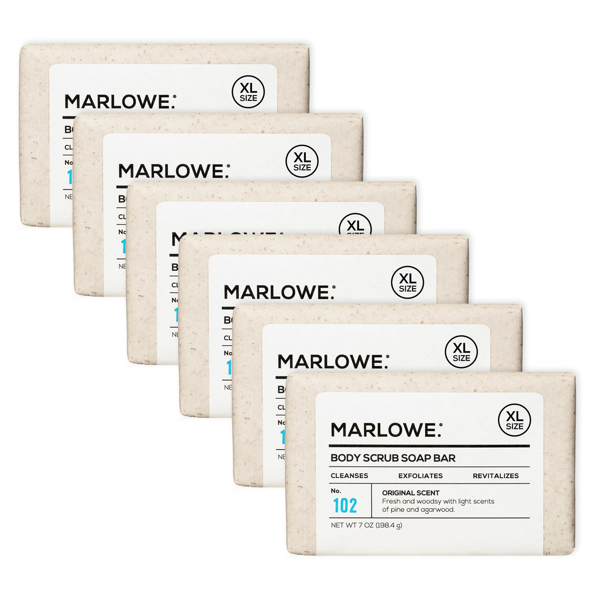 MARLOWE No. 102 body scrub bar close-up shows pumice for exfoliation.