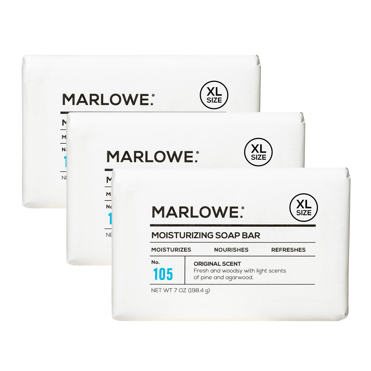 MARLOWE No. 105 bar soap for men 7oz triple-pack delivers hydrating cleanse.