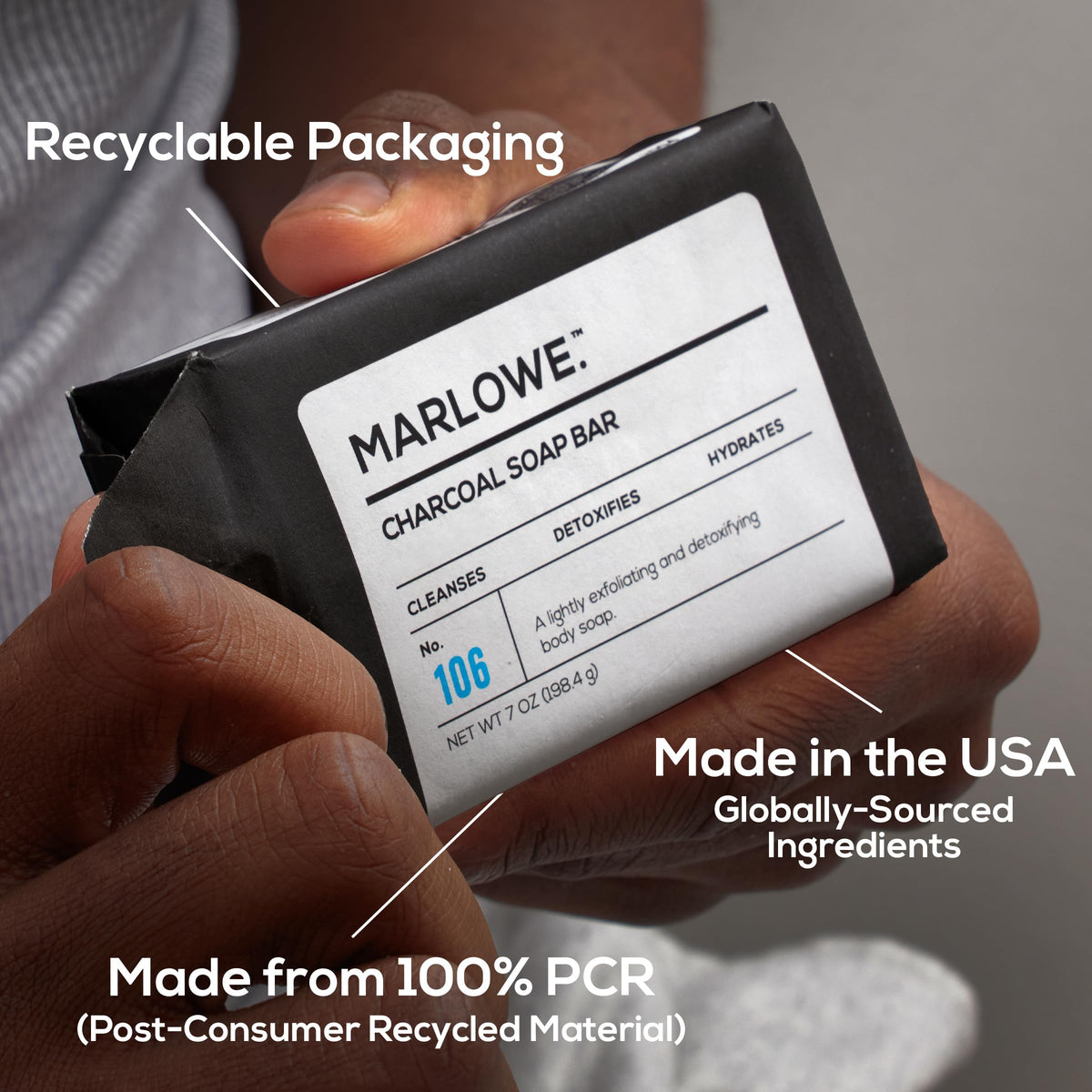 MARLOWE No. 106 Charcoal Soap 7 oz bar, dense and long-lasting