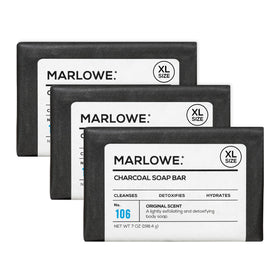 MARLOWE No. 106 Charcoal Soap bars on a dish for purifying daily cleansing