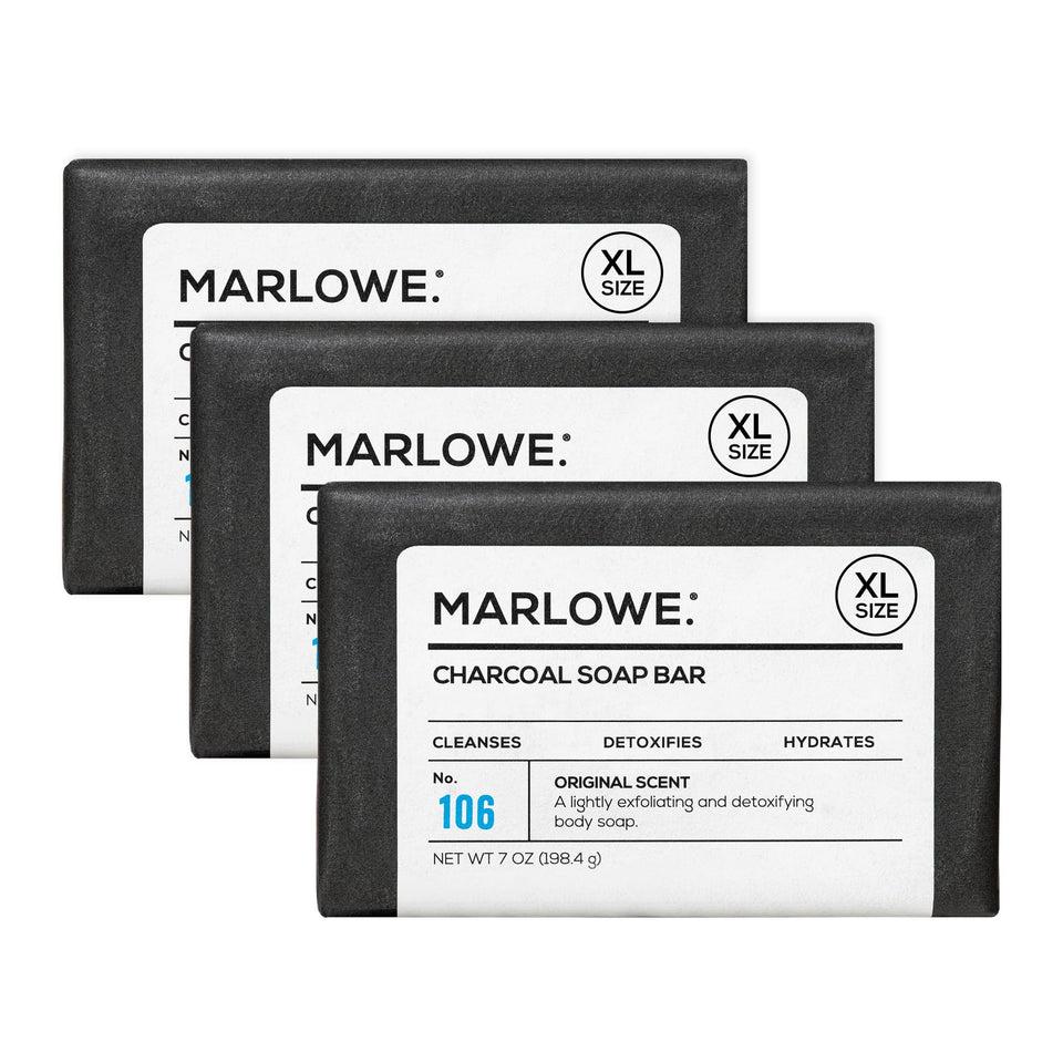MARLOWE No. 106 Charcoal Soap bars on a dish for purifying daily cleansing