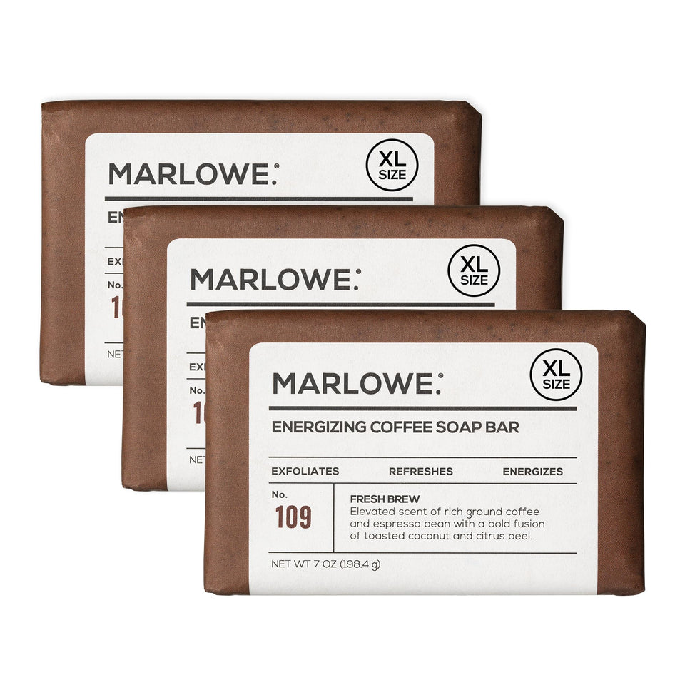 MARLOWE No. 109 coffee bar soap close-up showing rich lather for refreshed skin
