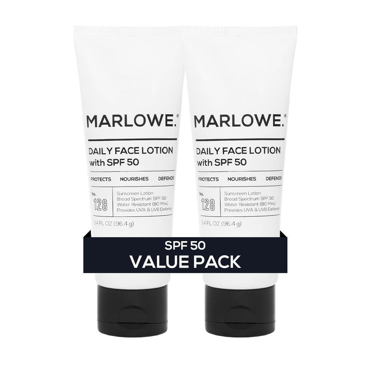MARLOWE No. 128 bottle front with SPF 50 for daily protection.