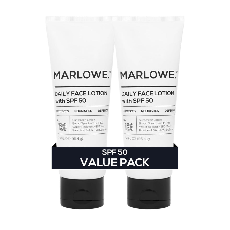 MARLOWE No. 128 bottle front with SPF 50 for daily protection.