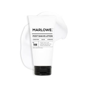MARLOWE No. 144 post shave lotion bottle front, showing premium hydration for shaved skin.