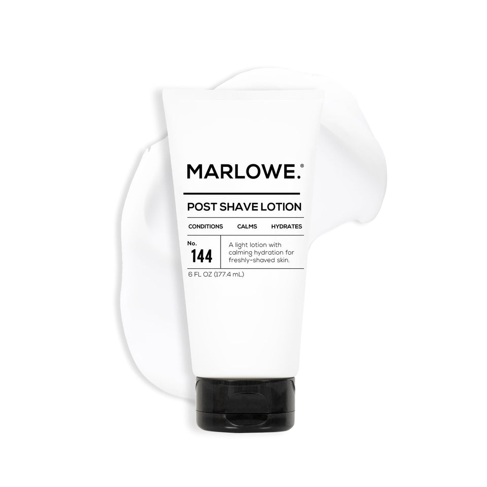 MARLOWE No. 144 post shave lotion bottle front, showing premium hydration for shaved skin.