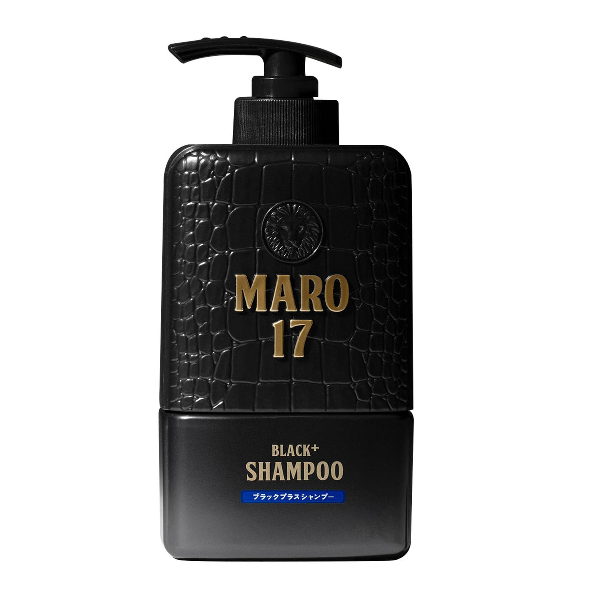 MARO17 Black+ Shampoo bottle front view highlighting premium design for thicker, healthier-looking hair