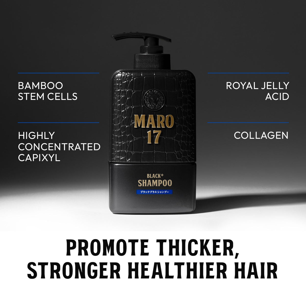 MARO17 Black+ Shampoo ingredients close-up featuring Apple Stem Cells and Bamboo
