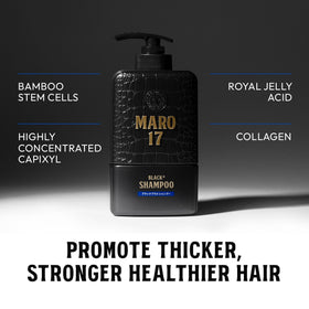 MARO17 Black+ Shampoo ingredients close-up featuring Apple Stem Cells and Bamboo