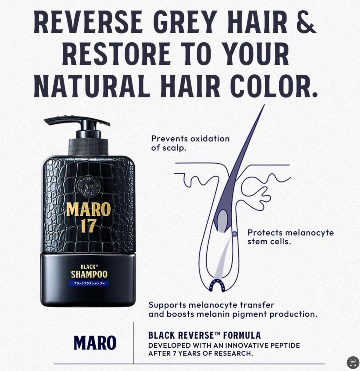 MARO17 Black+ Shampoo label close-up emphasizing key ingredients