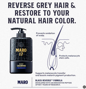 MARO17 Black+ Shampoo label close-up emphasizing key ingredients