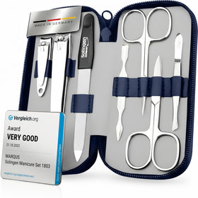 MarQus manicure set in blue leather case ready for travel.
