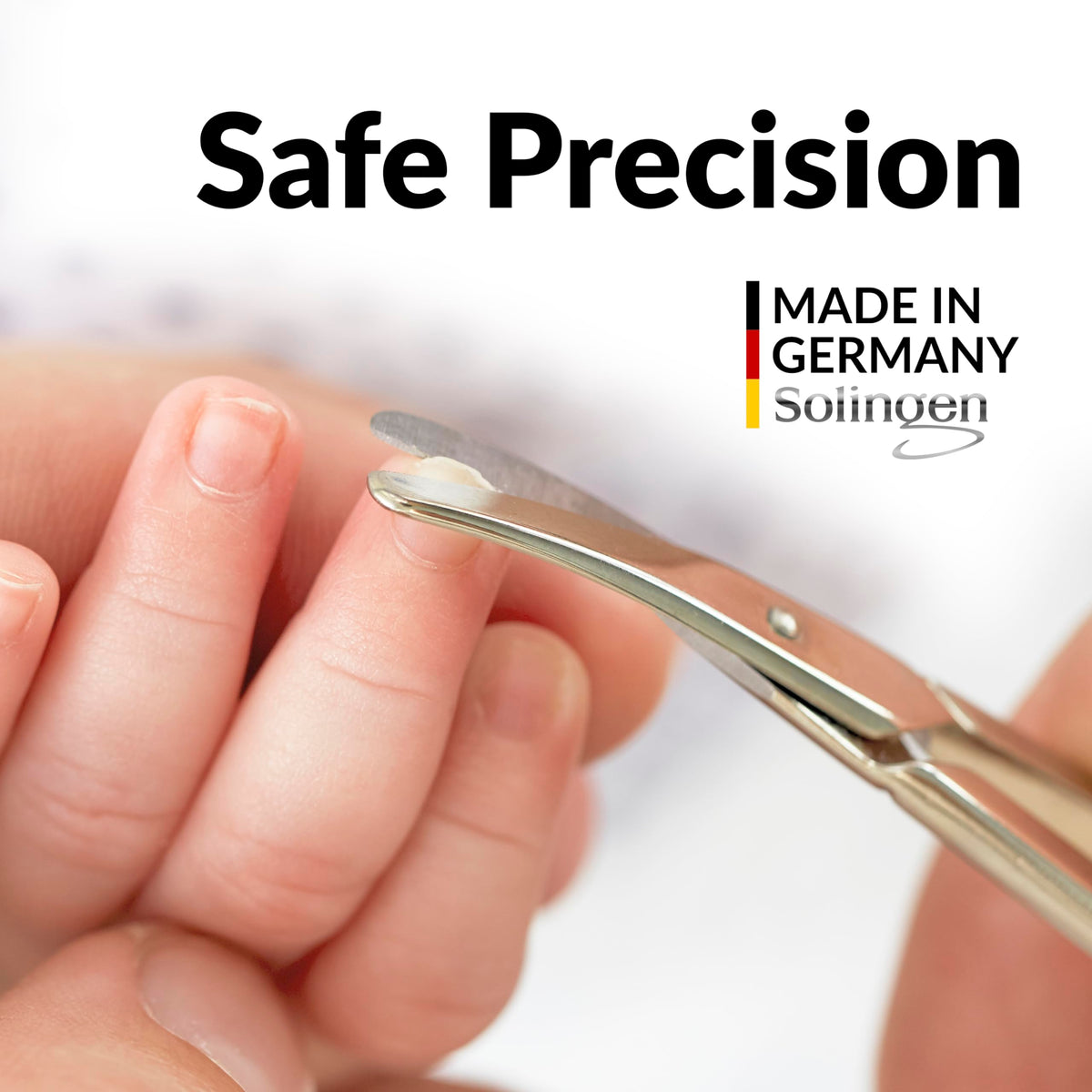 Close-up of curved blade on marQus Solingen nail scissors for smooth cuts.