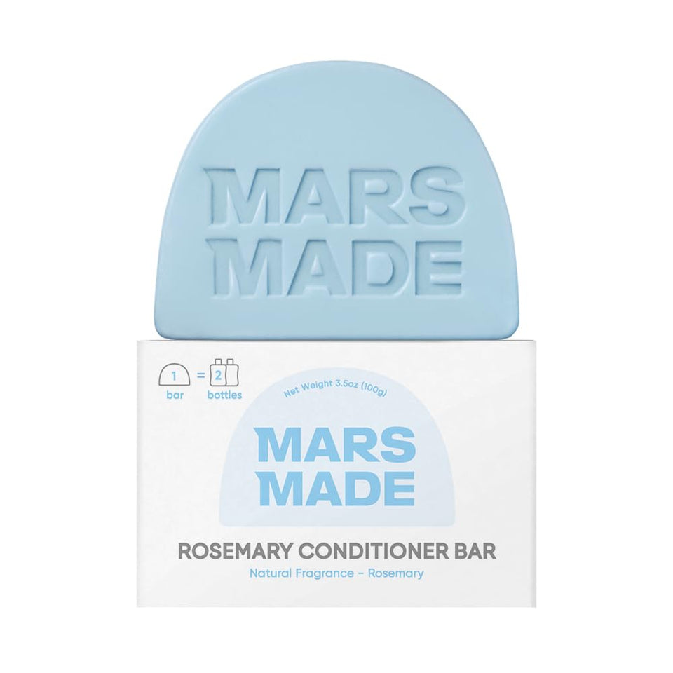 MARS MADE Rosemary Conditioner Bar packaging close-up, eco-friendly zero-waste design.