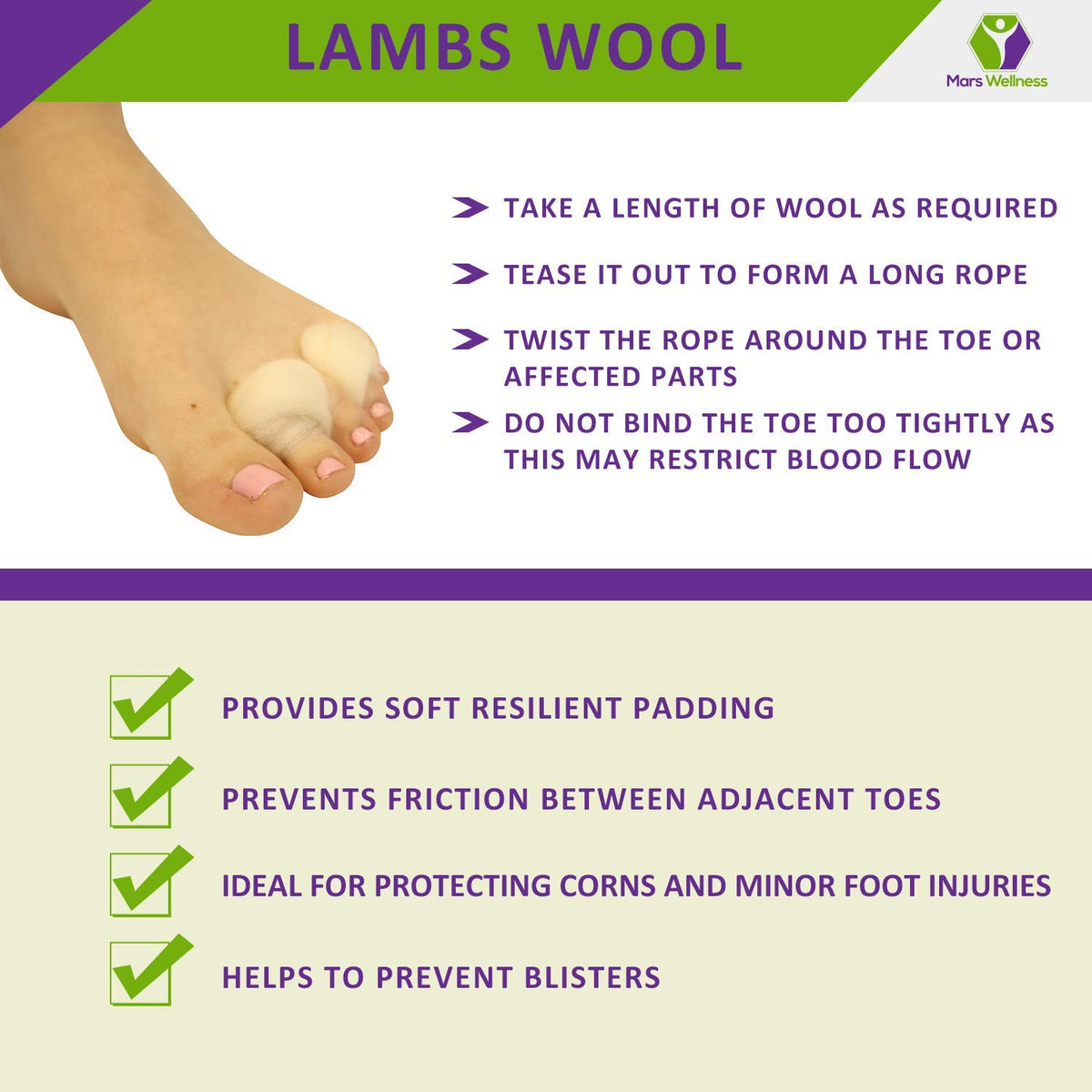 Mars Wellness Lambs Wool Toe Separator placed in a shoe with low-profile fit.