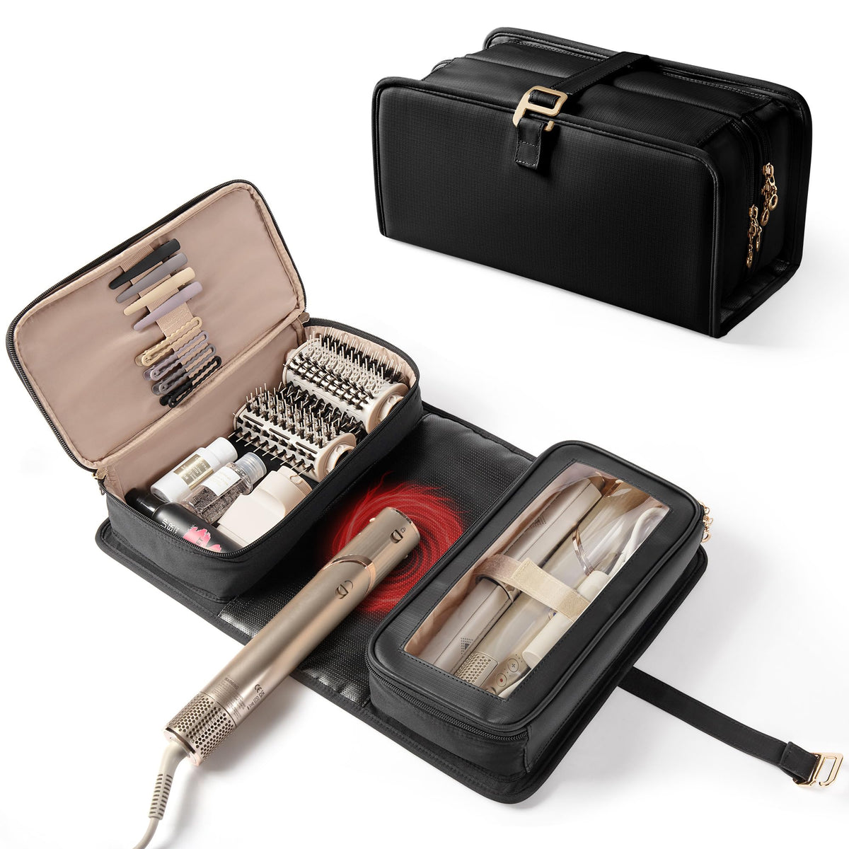 Marscamd travel bag with heat-resistant mat protects surfaces during hot-tool use