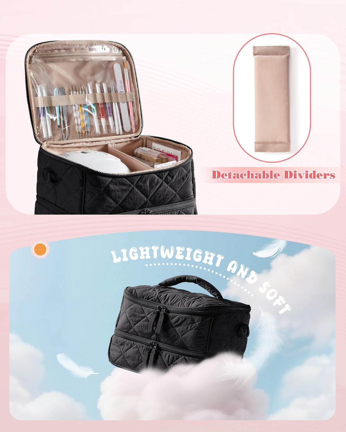 Bottom dividers in Marscamd organizer securing bottles during travel