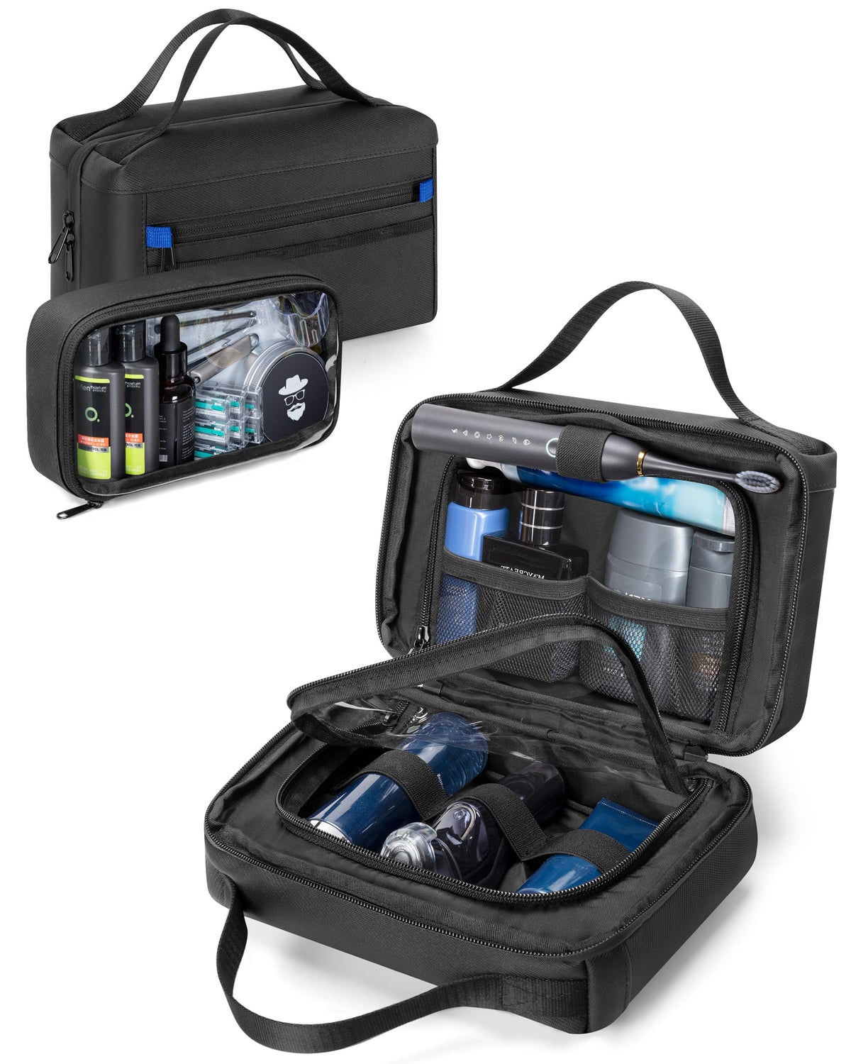 Marscamd Toiletry Bag hangs open to show two clear sections for easy access
