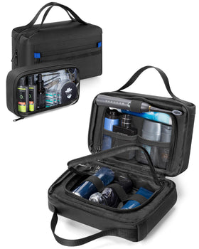 Marscamd Toiletry Bag hangs open to show two clear sections for easy access