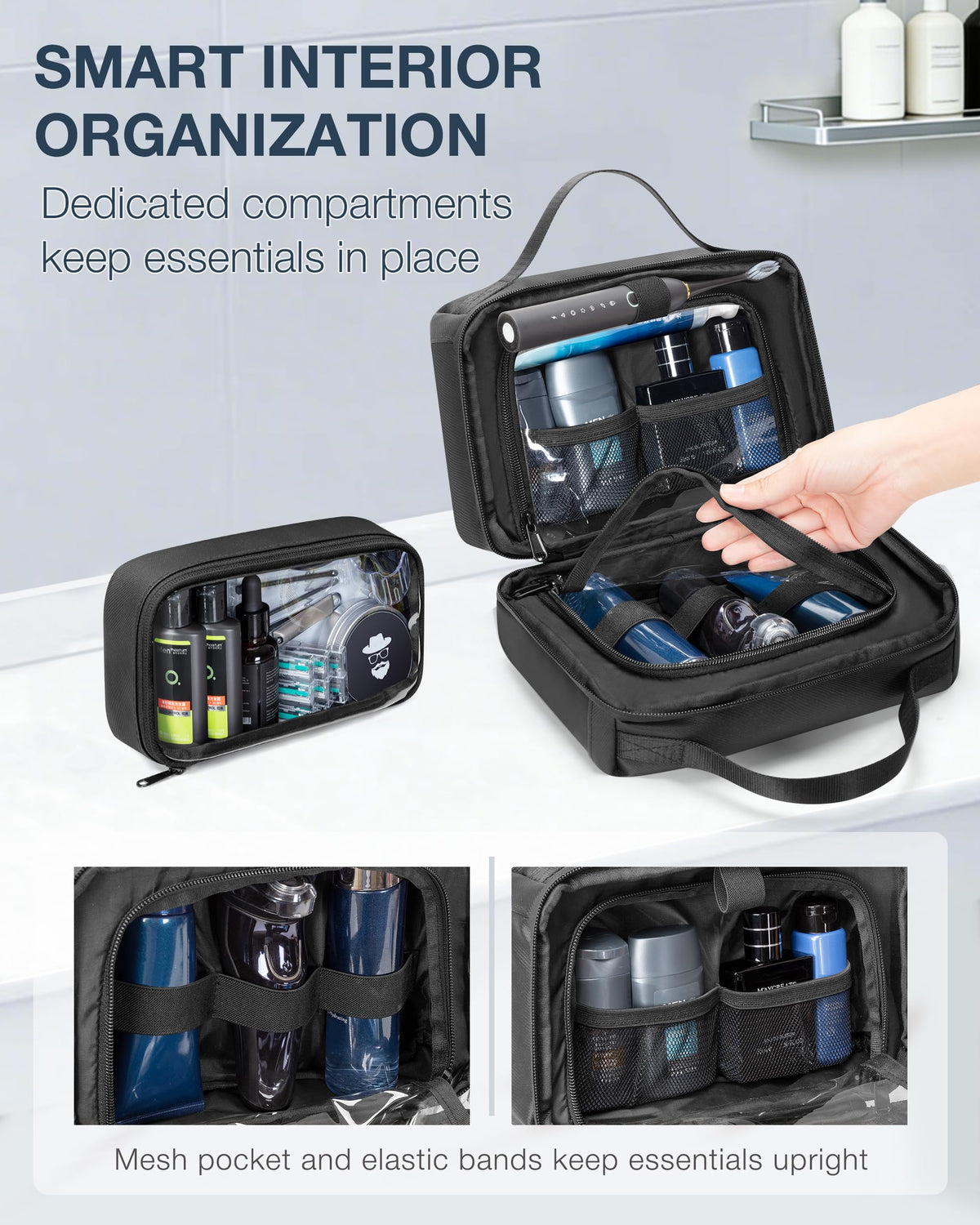 Marscamd Toiletry Bag interior elastic bands keep bottles upright during travel