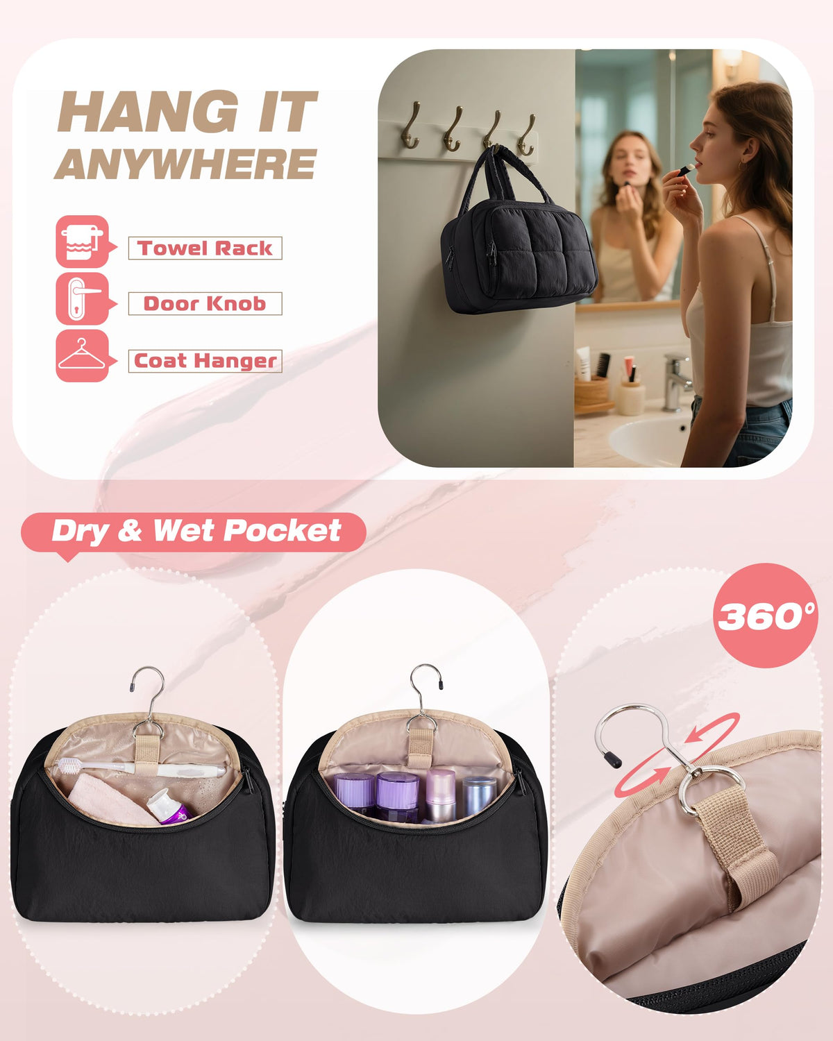 Marscamd travel makeup bag side view with leakproof pockets for spill-free travel