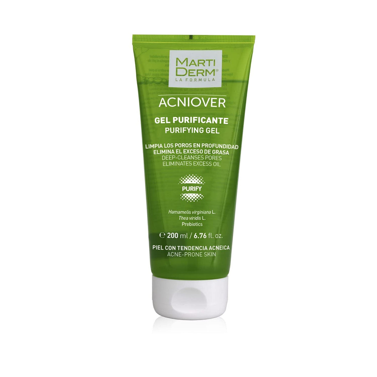 Martiderm Acniover purifying gel, 200ml tube, ready for cleansing routine.
