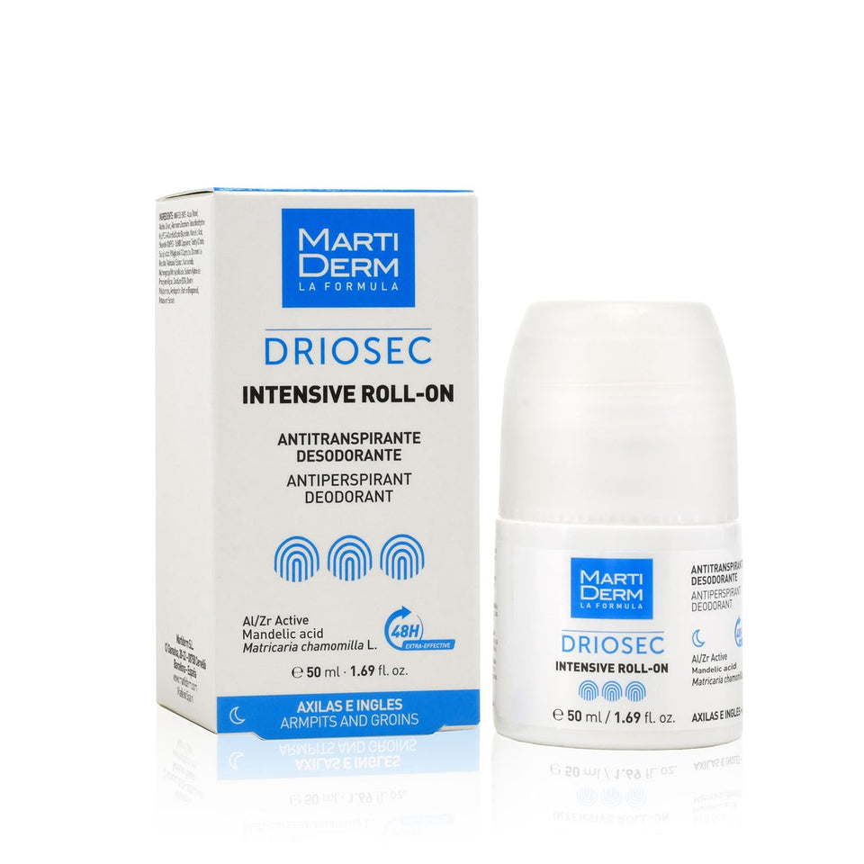 Martiderm Driosec roll-on bottle for nighttime underarm use to help control moisture.