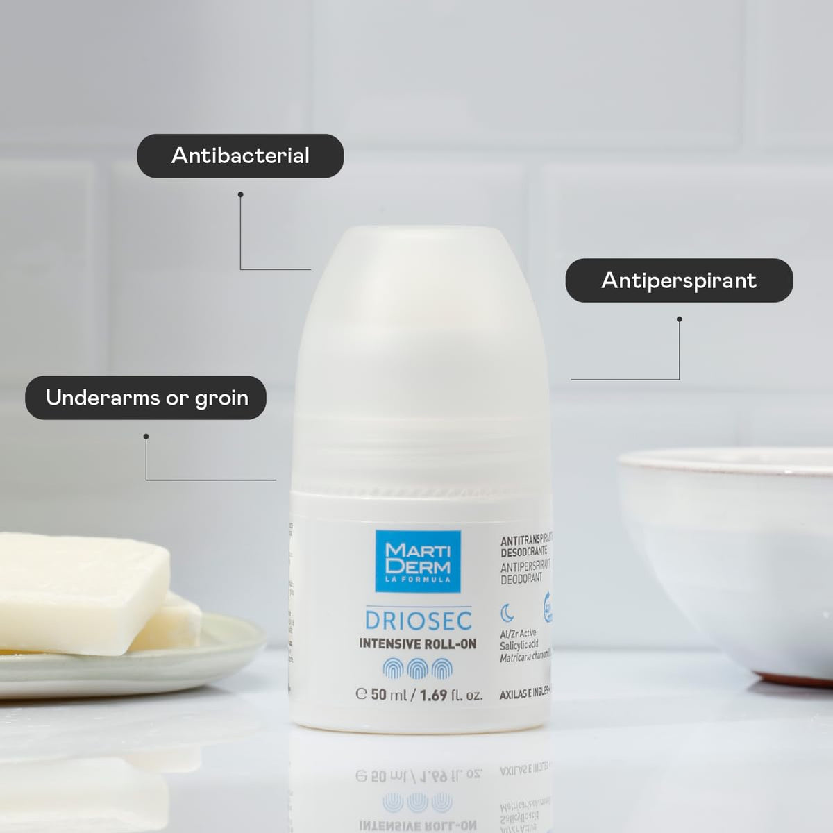 Packaging showcases the Driosec roll-on for precise nightly underarm application.
