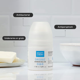 Packaging showcases the Driosec roll-on for precise nightly underarm application.
