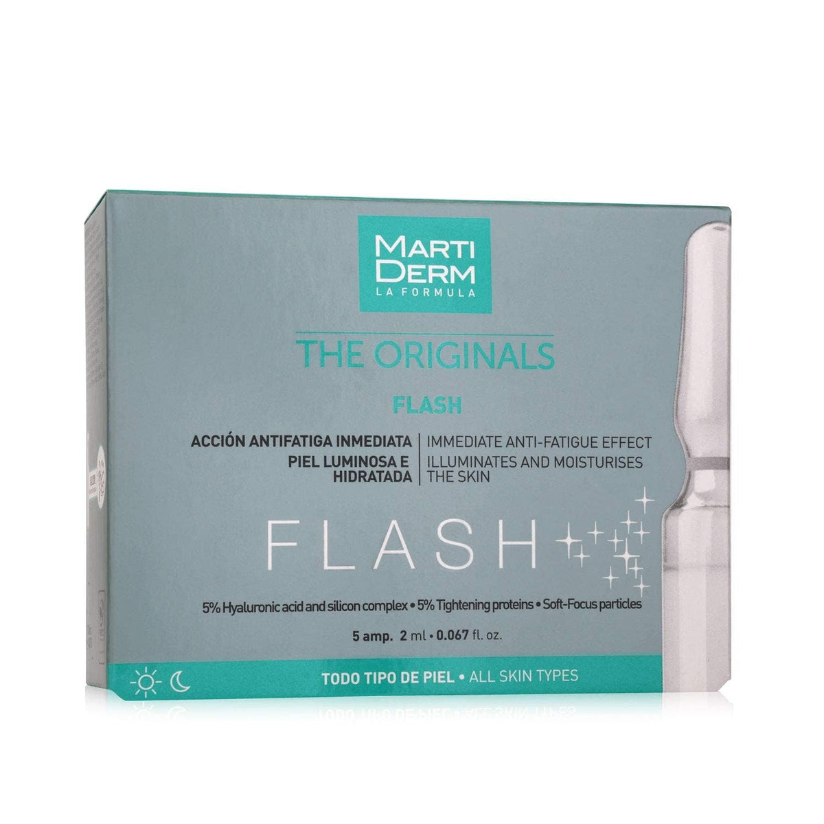 Martiderm Flash Ampoules anti-fatigue packaging with 5x2ml kit for quick skin refresh.