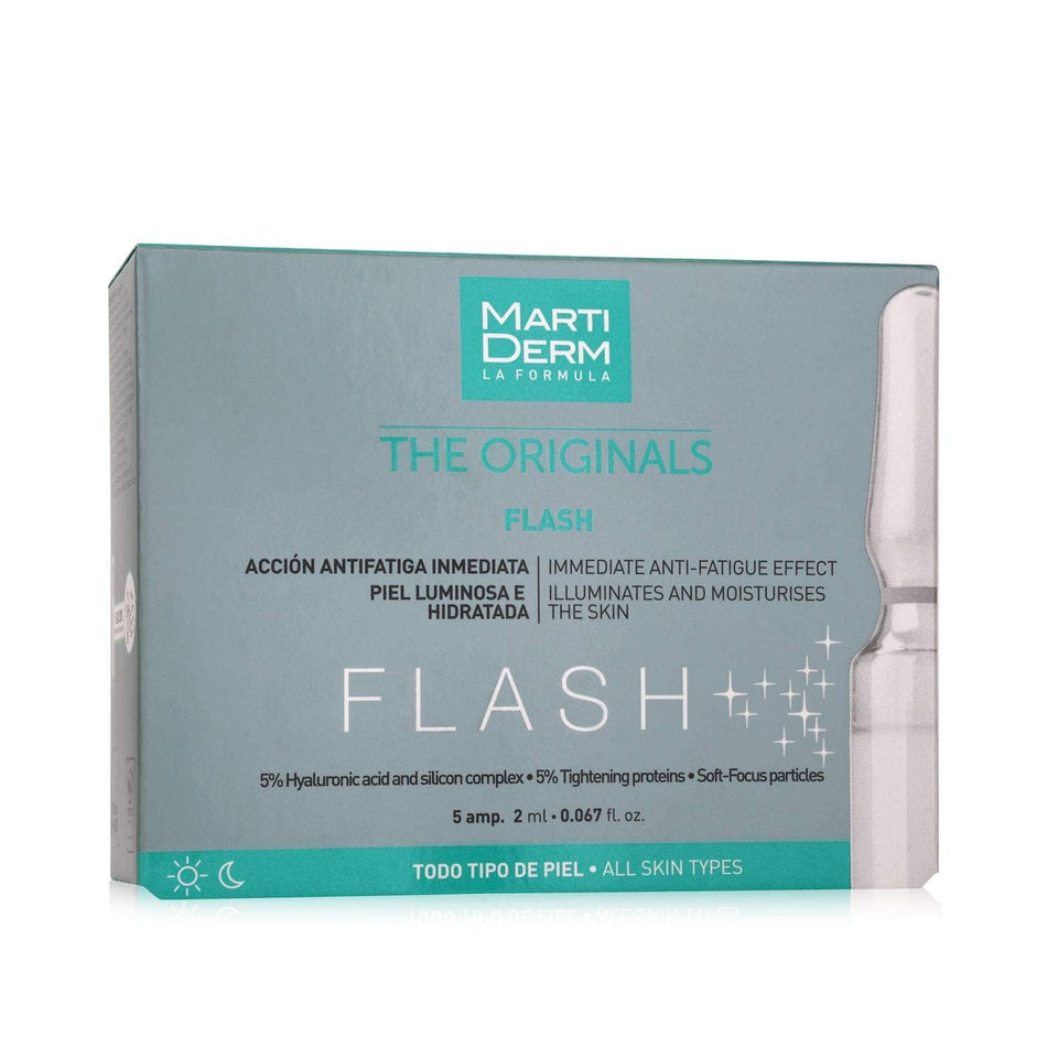 Martiderm Flash Ampoules anti-fatigue packaging with 5x2ml kit for quick skin refresh.