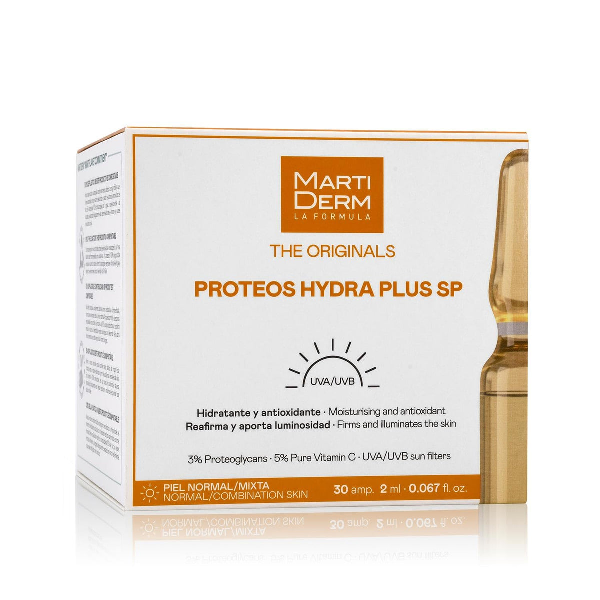 Martiderm Proteoglicanos FPS ampoules packaging highlighting hydration for all skin types.